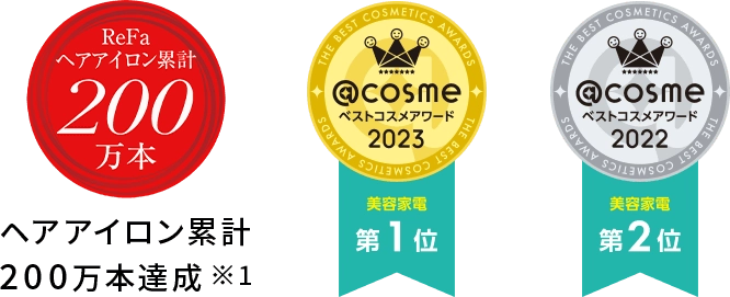 ヘアアイロン累計200万本達成、アットコスメベストアワード2023年美容家電第1位、2022年美容家電第2位