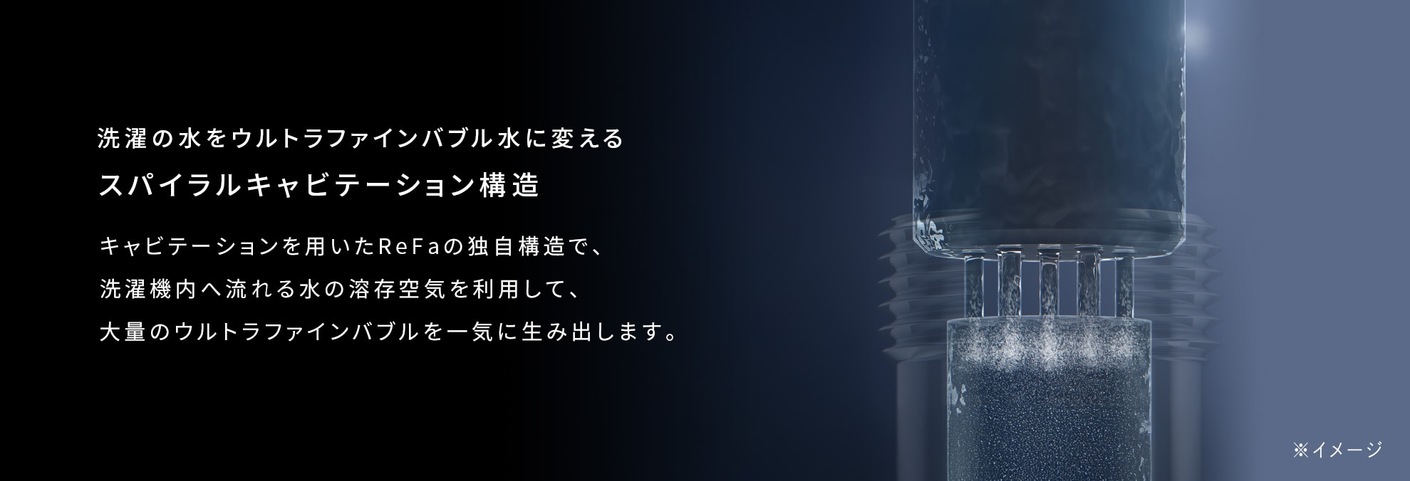 洗濯の水をウルトラファインバブル水に変えるスパイラルキャビテーション構造