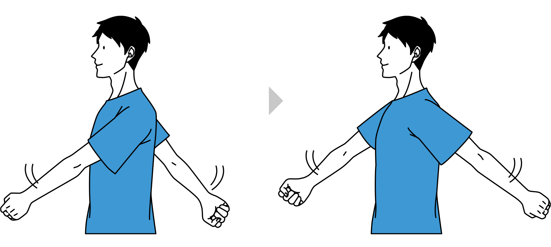 腕ふり運動2、左右の腕を前後にゆっくりと振ります。