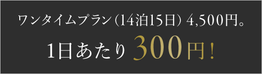 ワンタイムプラン（14泊15日）4,500円。1日あたり300円！