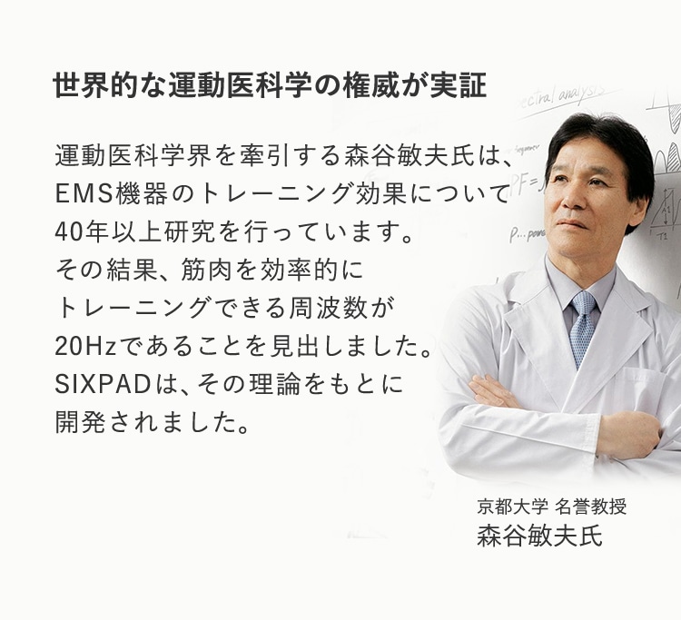 世界的な運動医科学の権威が実証 運動医科学界を牽引する森谷敏夫氏は、EMS機器のトレーニング効果について40年以上研究を行っています。その結果、筋肉を効率的にトレーニングできる周波数が20Hzであることを見出しました。SIXPADは、その理論をもとに開発されました。 京都大学 名誉教授 森谷敏夫氏